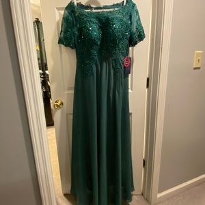 Emerald Green formal dress with sequin accents, lace sequin bodice & sleeves